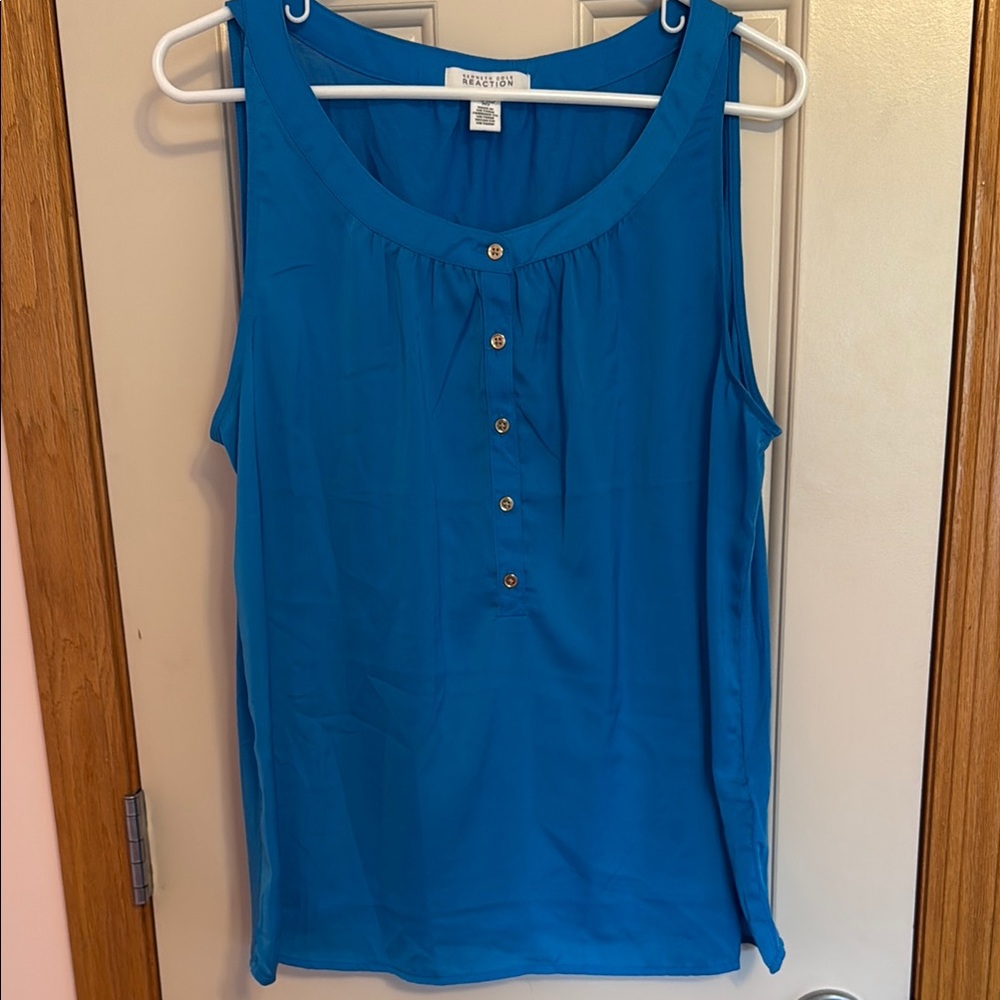 Kenneth Cole Reaction Teal Blue Sleeveless Button Front Blouse